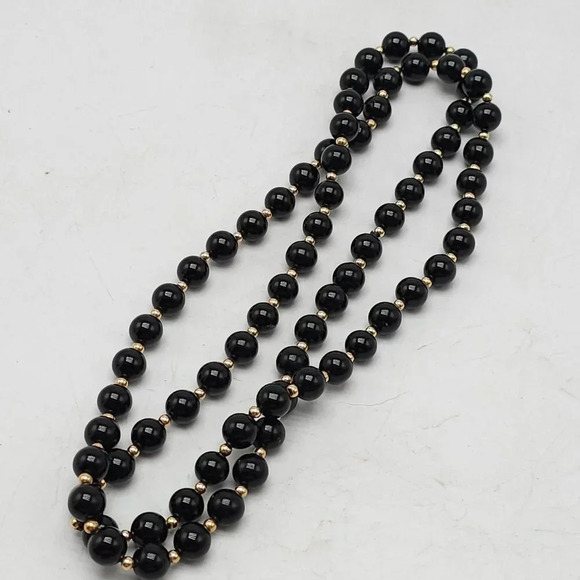 Elegant Black Onyx 14kt Gold Beaded Necklace Earring Set Vintage - Picture 6 of 7